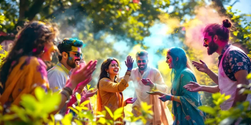 Eco-friendly Holi celebration in Dehradun with people joyfully playing with organic colors in a lush green outdoor setting, promoting sustainable and safe festivities.