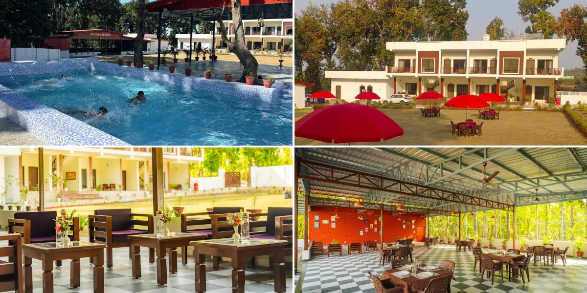 Complete resort experience at Pristine Woods – the Best Resort in Dehradun featuring swimming pool, outdoor dining, lush lawns, and spacious accommodations