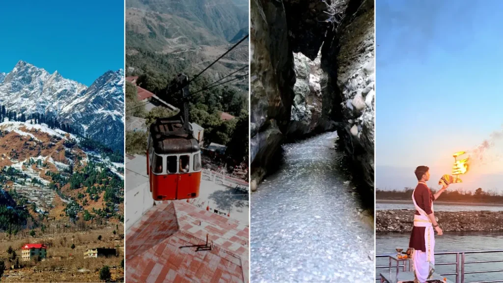 Day trip opportunities from Dehradun, Uttarakhand: Snowy mountains in Mussoorie, cable car ride to Gun Hill, Robber’s Cave water stream, and evening Ganga Aarti at Haridwar. Showcasing diverse family-friendly experiences easily accessible within a short drive from Dehradun during Christmas and New Year 2025.