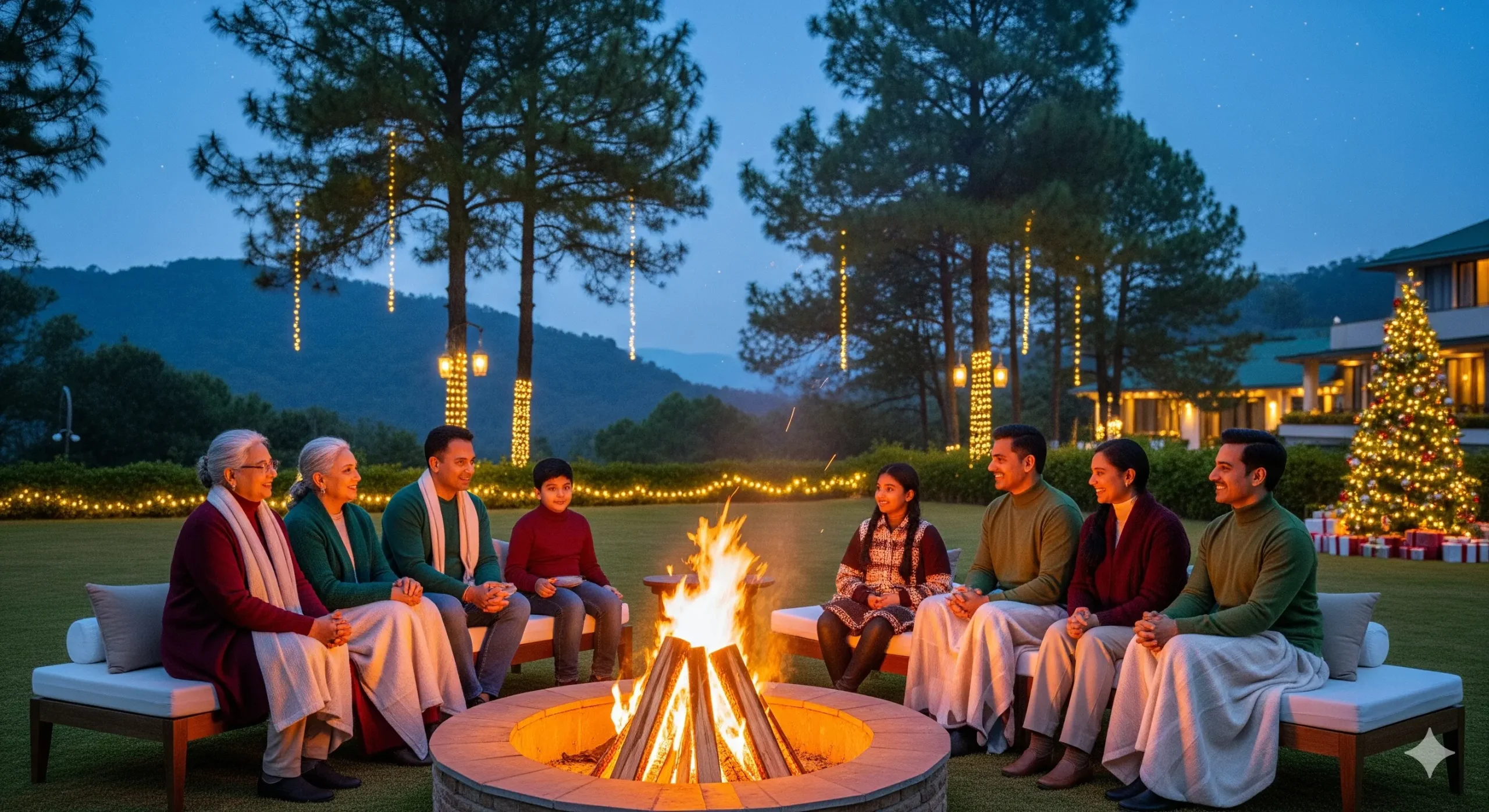 Multi-generational Indian family celebrating Christmas and New Year 2025 at a luxury resort lawn in Dehradun, Uttarakhand. The family enjoys a cozy bonfire with pine trees decorated with fairy lights in the background, showcasing festive yet peaceful holiday vibes in North India.