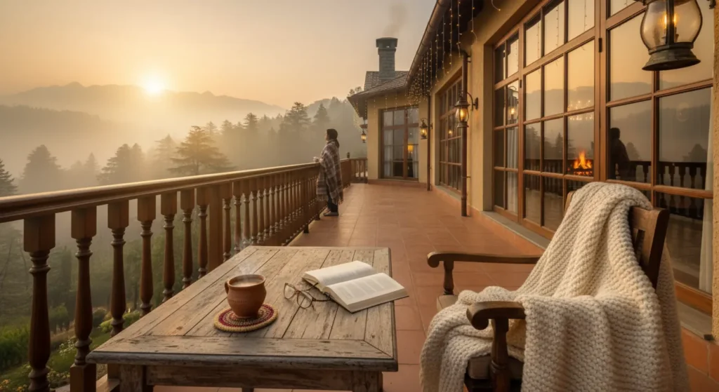 Warm winter morning view at one of the Best Resorts in Dehradun, featuring a cozy balcony with blanket, hot coffee, and scenic misty valley sunrise.