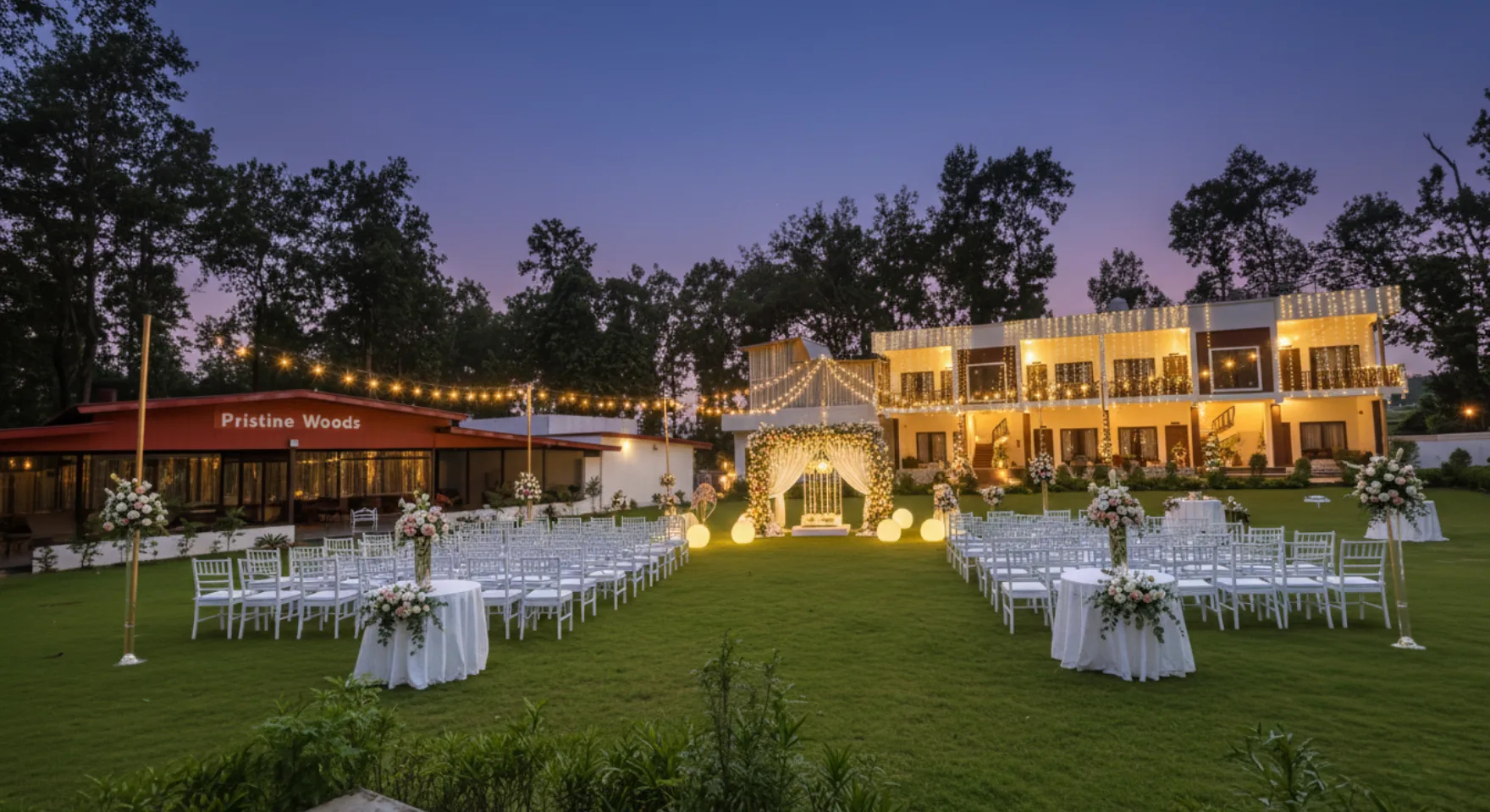 Beautiful outdoor wedding venue in Dehradun at Pristine Woods Resort with elegant mandap, floral décor, and evening lighting setup on lush green lawns.