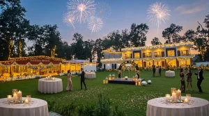 Best resort in Dehradun hosting luxury New Year celebrations with fireworks, illuminated lawns, elegant décor, and premium accommodation at Pristine Woods.