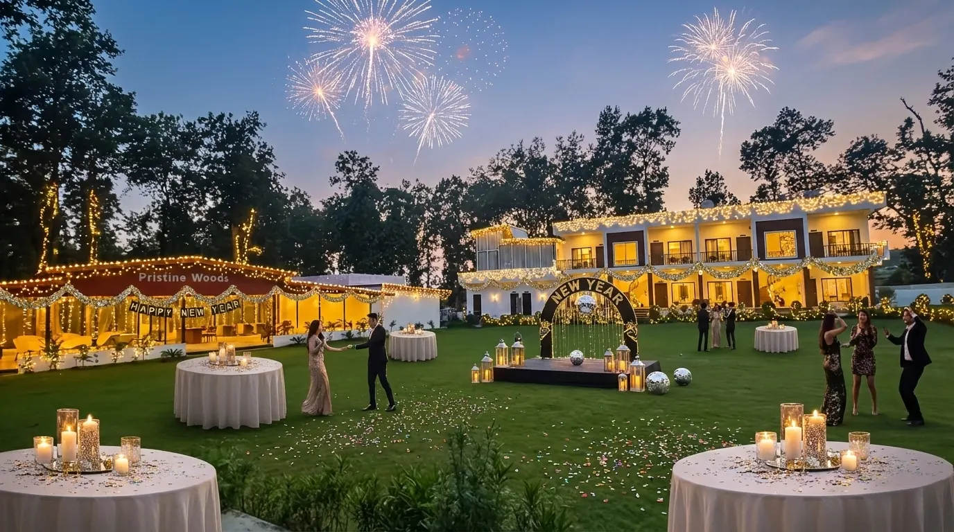 Best resort in Dehradun hosting luxury New Year celebrations with fireworks, illuminated lawns, elegant décor, and premium accommodation at Pristine Woods.