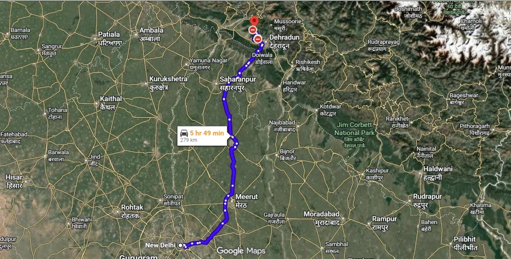 Delhi to best resort in Dehradun route map showing 279 km drive via Meerut and Saharanpur to Pristine Woods near Selaqui