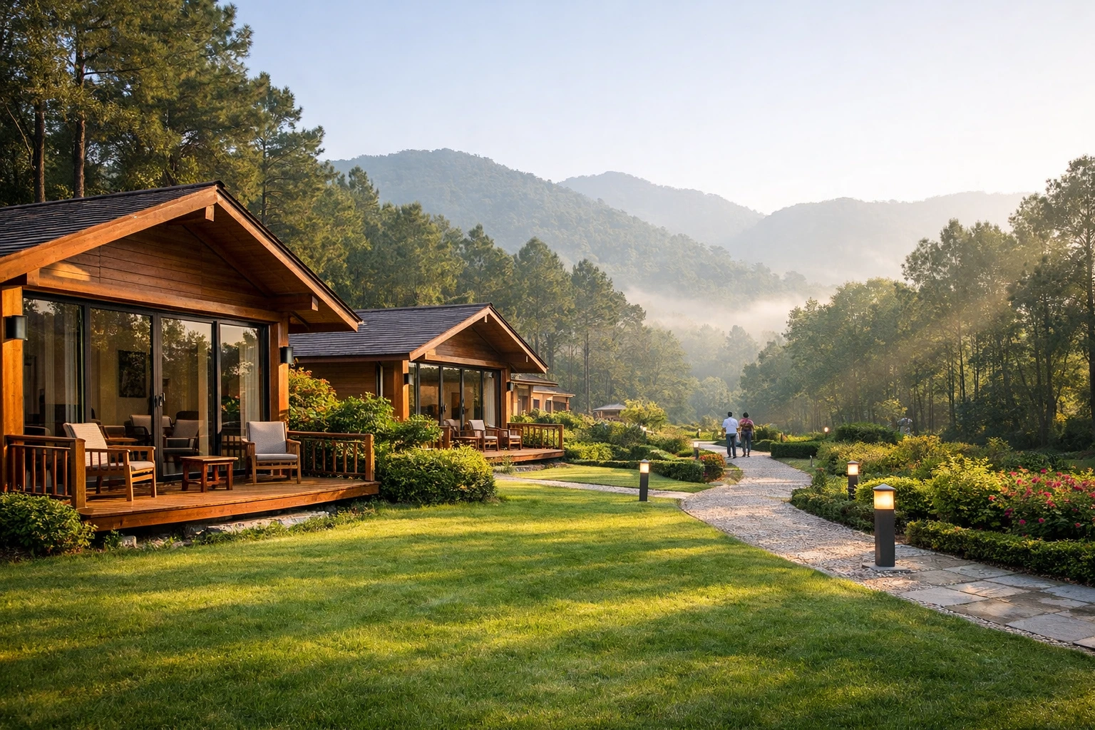 Best resort near Ecole Globale Dehradun with pinewood cottages, green lawn and peaceful forest view in Sahaspur Uttarakhand