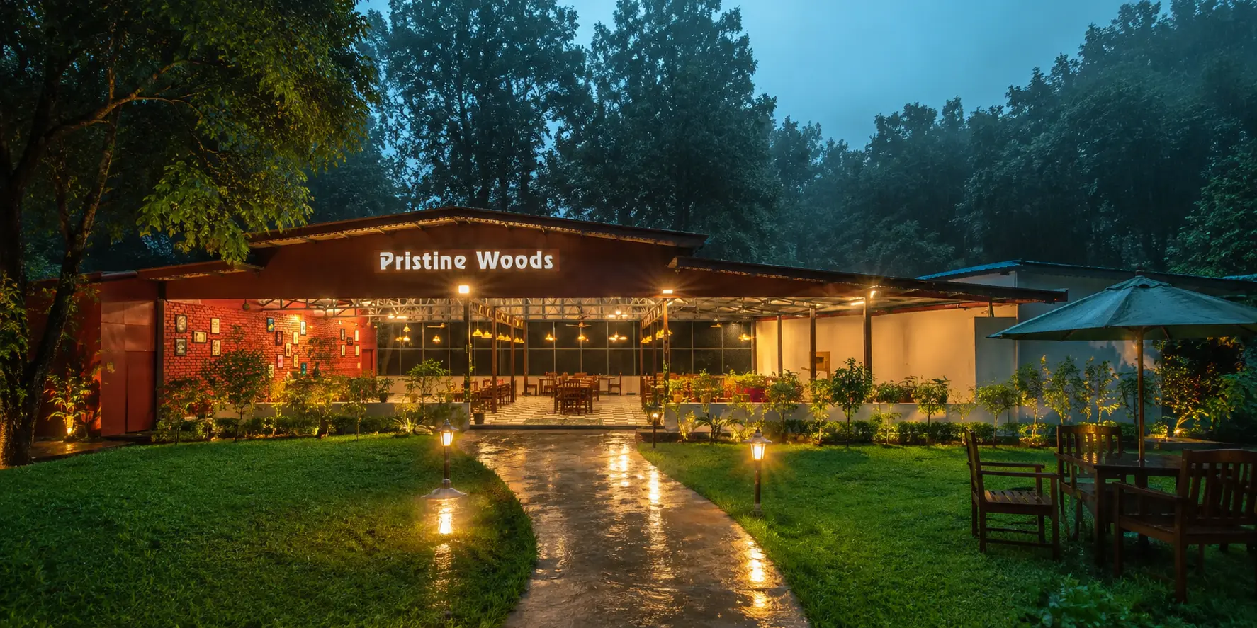 Pristine Woods forest resort in Dehradun surrounded by monsoon greenery and mist